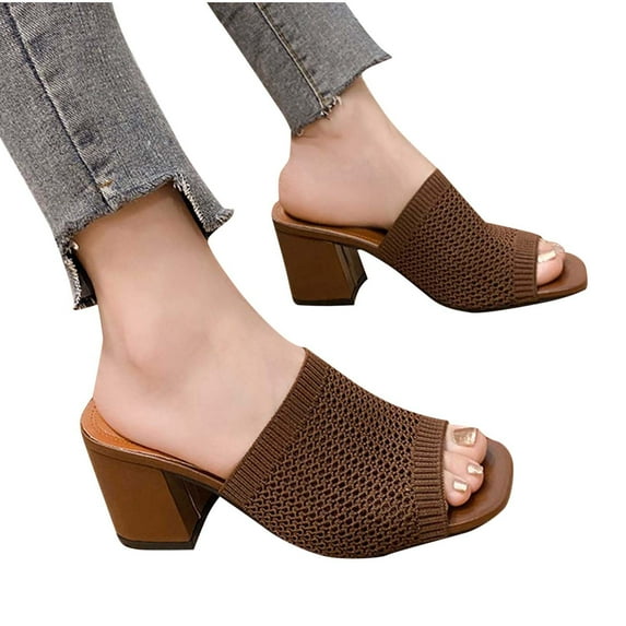 THDHVS Dress Shoes for Women,Women's Fashion Casual One Line Spring and Summer Breathable Flying Woven High Heeled Slippers Brown