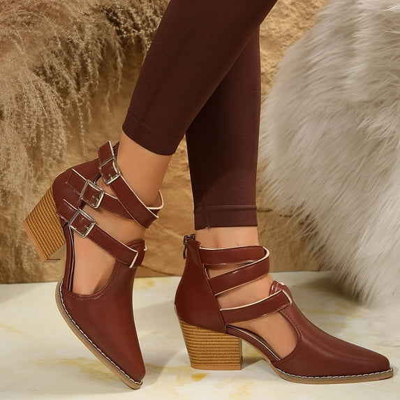 THDHVS Women's Sandals,Dress Shoes for Women,Women's Fashion Casual Summer New High Heel Thick Heel Pointed Belt Buckle Hollow Sandals Wine 7