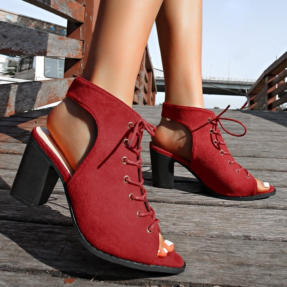THDHVS Women's Sandals,Dress Shoes for Women,Women's Fashion Casual Summer New Style Fish Mouth Roman Shoes Lace-Up High Heels Sandals Red 9