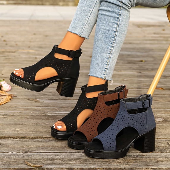 THDHVS Dress Shoes for Women,Womens Sandals,Women Summer Solid Color Peep Toe Elevator Heels Adjustable Ankle Strap Chunky Block Heel Sandals Blue