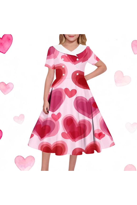 Dresses for Girls,Valentine Heart Print Short Sleeve Dress with Collar for Girls Special Occasion Party and Date Night,Little Girl Dresses Pink