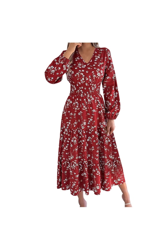 Dresses for Women,Summer Dress,Womens Summer Long Sleeve Crew Neck Long Dresses Fashion Casual Fits Flowy Tiered Boho Beach Vacation Sundress Red M