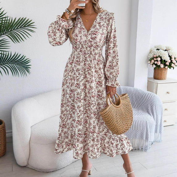 THDHVS Dresses for Women,Summer Dress,Womens Summer Long Sleeve Crew Neck Long Dresses Fashion Casual Fits Flowy Tiered Boho Beach Vacation Sundress White M
