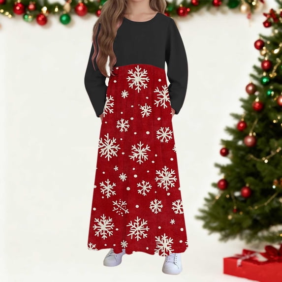 THDHVS Dresses for Girls,Girls Christmas Print Long Sleeve Dress Round Neck Pockets Casual Maxi,Girls Long Sleeve Dress 5-6 Years