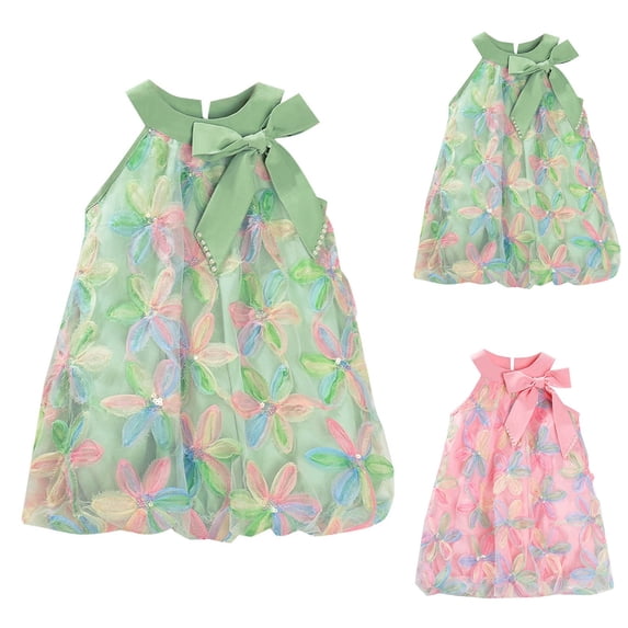THDHVS Dresses for Girls,Pearl Floral Applique Sleeveless Dress with Mesh Sparkle Bow for Girls Princess Special Occasion,Little Girl Dresses Pink