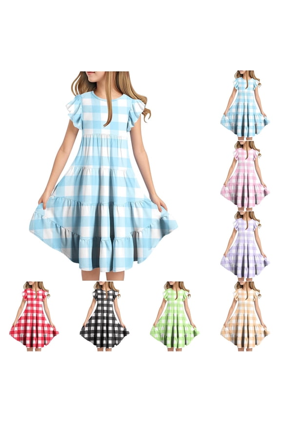 Dresses for Girls,Plaid Print Tiered Dress with Flutter Sleeves for Girls 6 to 15 Years Summer Casual and Outing,Girls Dresses Blue