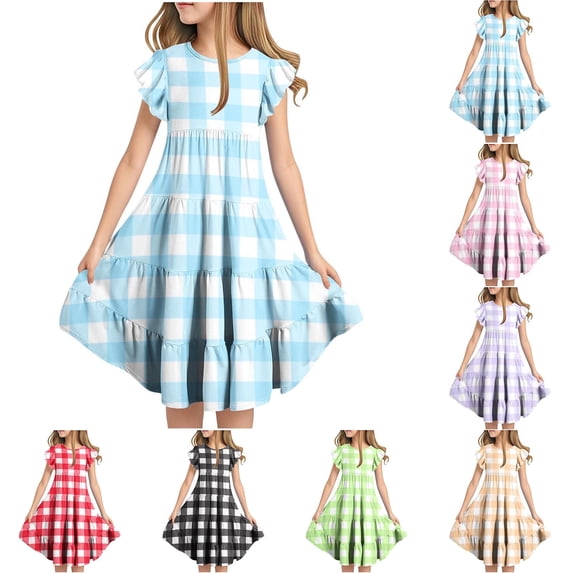 THDHVS Dresses for Girls,Plaid Print Tiered Dress with Flutter Sleeves for Girls 6 to 15 Years Summer Casual and Outing,Girls Dresses Red