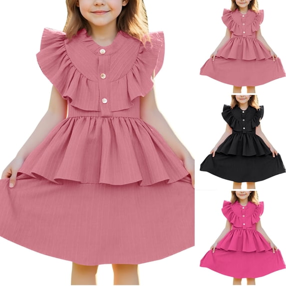 THDHVS Dresses for Girls,Sleeveless Lace Round Neck Flutter Sleeve Dress with Ruffle Hem for Girls Summer,Toddler Girl Dress Hot Pink 4-5 Years