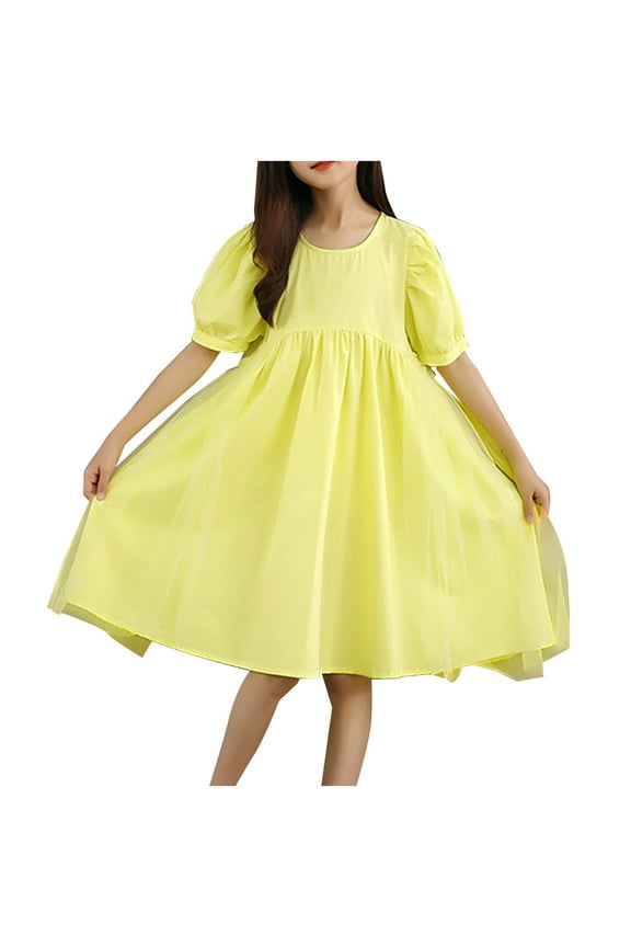 Dresses for Girls,Solid Color Long Sleeve Dress with Mesh Back Insert and Button Detail for Girls Stylish Look,Girls Long Sleeve Dress Yellow