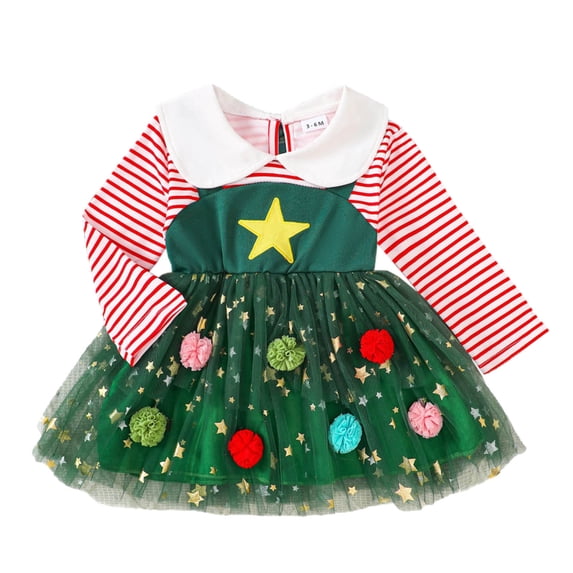 THDHVS Dresses for Girls,Toddler Girls Christmas Striped Mesh Dress Long Sleeve Round Neck Midi Length,Girls Long Sleeve Dress 18-24 Months
