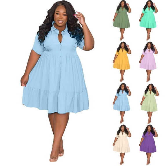 THDHVS Dresses for Women,Linen Dress,Plus Size Women Solid Color Shirt Dress Short Sleeve Button Front Collared Purple