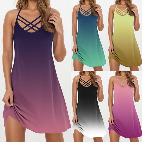THDHVS Dresses for Women,Summer Dress,Summer Dresses for Women V-Neck Spaghetti Strap Backless Sleeveless Casual Dress Hot Pink M