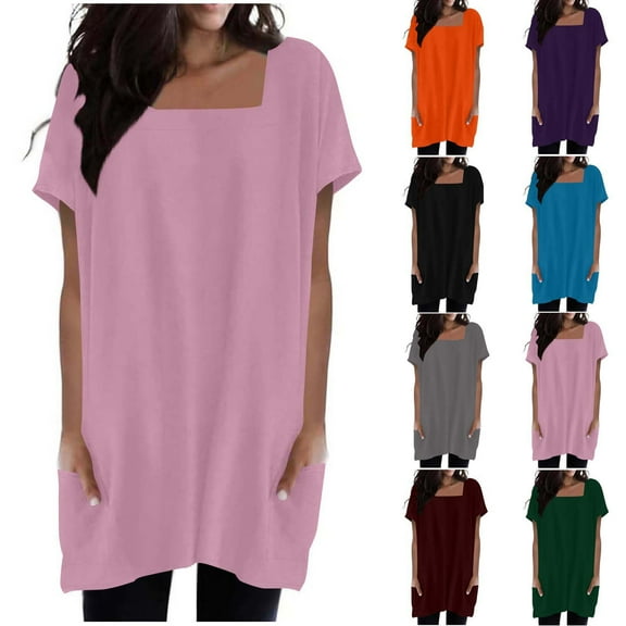 THDHVS Dresses for Women,Women's Dresses,Women Fashion Leisure Solid Color Summer Spring Square Neck Short Sleeve Pocket Dress Wine S