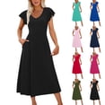 thumbnail image 1 of THDHVS Dresses for Women,Women's Solid Color Lace Short Sleeve Round Neck Mid Length Dress Army Green M, 1 of 6