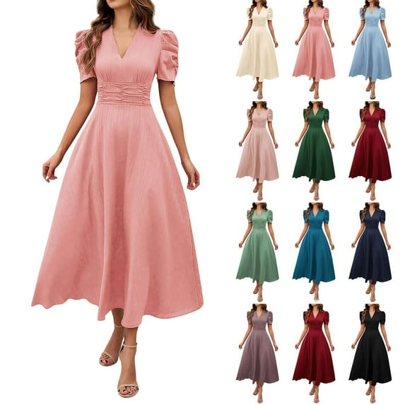 THDHVS Dresses for Women,Women's Dresses,Women's Solid Color Temperament High Waist Short Sleeve V-neck Dress Pink S