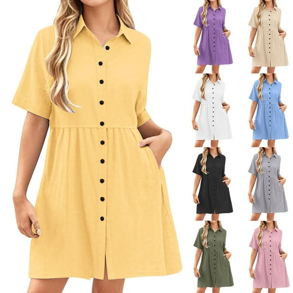THDHVS Dresses for Women,Women's Dresses,Women's Summer Dress Casual V Neck Short Sleeve Lapel Dresses with Pockets Black L