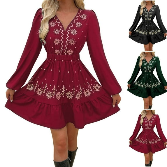 THDHVS Dresses for Women,Women's Dresses,Womens Embroidered Deep V-neck Long Sleeve European anddress Green S