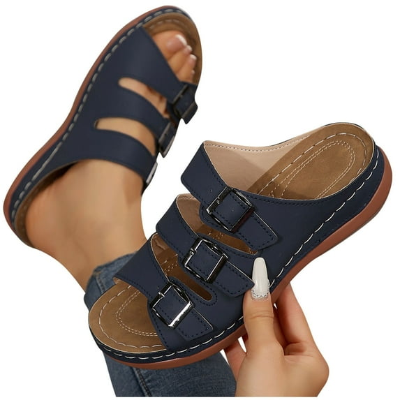 THDHVS Flat Sandals for Women,Women's Sandals,Orthotic Slides Plantar Fasciitis Arch Support Slip on Flat Sandals Ladies Soft Cushion Fashion Yoga Mat Slippers Navy 6.5