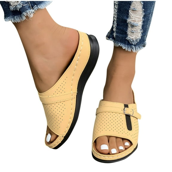 THDHVS Flat Sandals for Women,Women's Sandals,Women's Fashion Casual Summer Color Matching Thick Bottom Hollow Open Toe Wedge Heel Beach Sandals Yellow 7.5