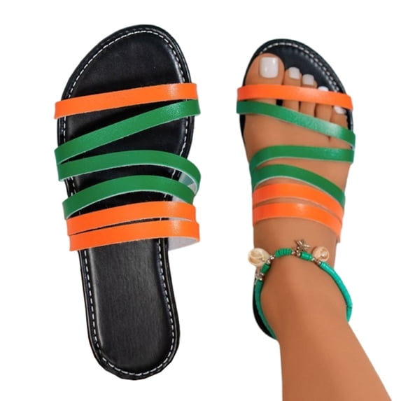 THDHVS Flat Sandals for Women,Women's Sandals,Women's Fashion and Casual Summer Solid Color Flat Open Toe Round Head Light Slip-On Beach Sandals Multicolor 8.5