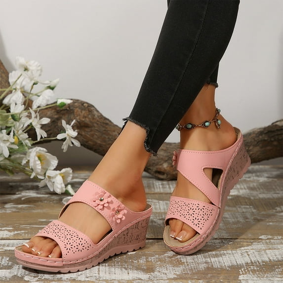THDHVS Flat Sandals for Women,Women's Sandals,Women's Fashion Casual Summer Solid Color Thick-Soled Slippers One-Line Flower Outer Wear Beach Sandals Wedge Heels Pink 7.5