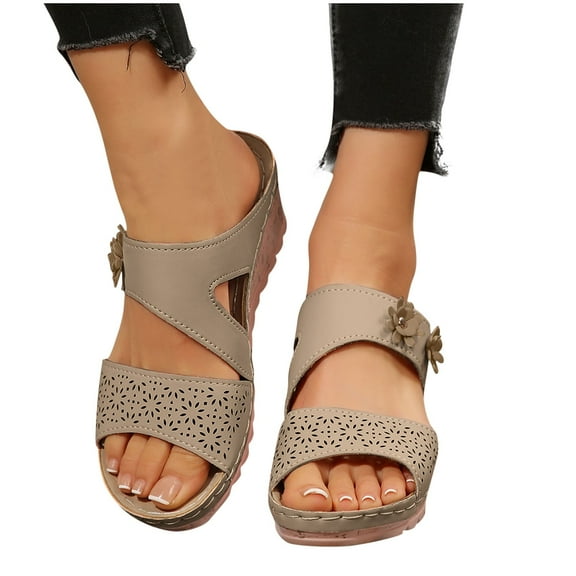 THDHVS Flat Sandals for Women,Women's Sandals,Women's Fashion Casual Summer Solid Color Thick-Soled Slippers One-Line Flower Outer Wear Beach Sandals Wedge Heels Beige 6