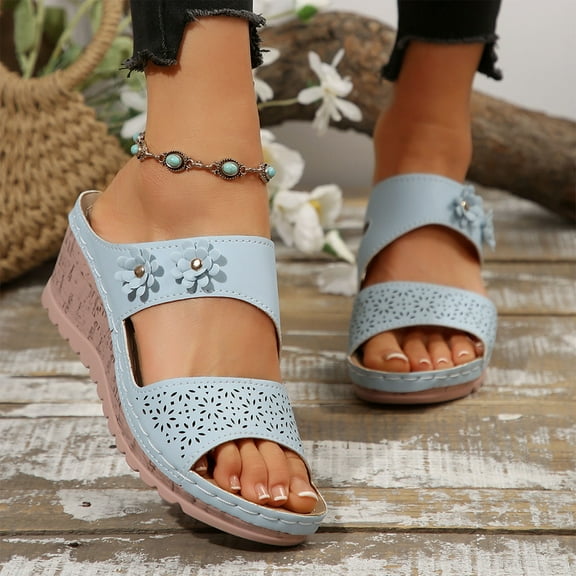 THDHVS Womens Wedge Sandals,Wedge Sandals for Women,Women's Fashion Casual Summer Solid Color Thick-Soled Slippers One-Line Flower Outer Wear Beach Sandals Wedge Heels Sky Blue 5.5