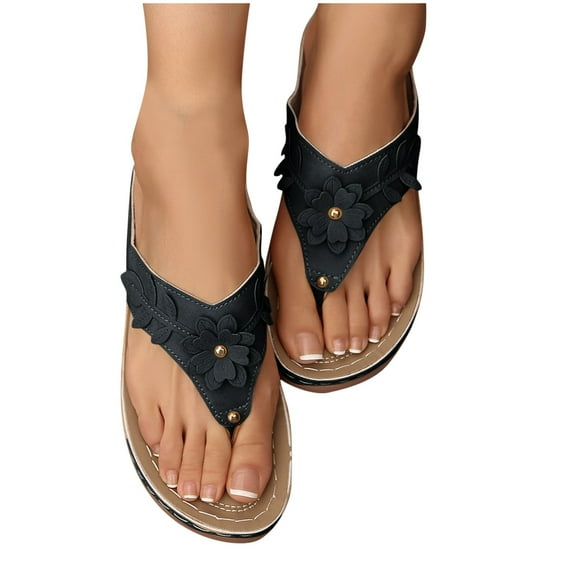THDHVS Flat Sandals for Women,Women's Sandals,Women's Fashion Casual Summer Style Solid Color Flower Fish Mouth Wedge Heel Thick Bottom Flip Flops Black 5.5
