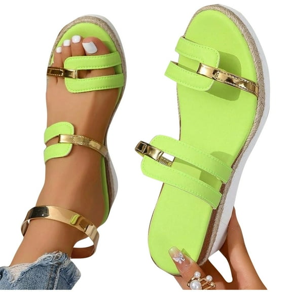 THDHVS Flat Sandals for Women,Women's Sandals,Women's Fashion Casual Summer Style Solid Color Rope Retro Thick Bottom Hollow One-Strap Wedge Slippers Green 5.5