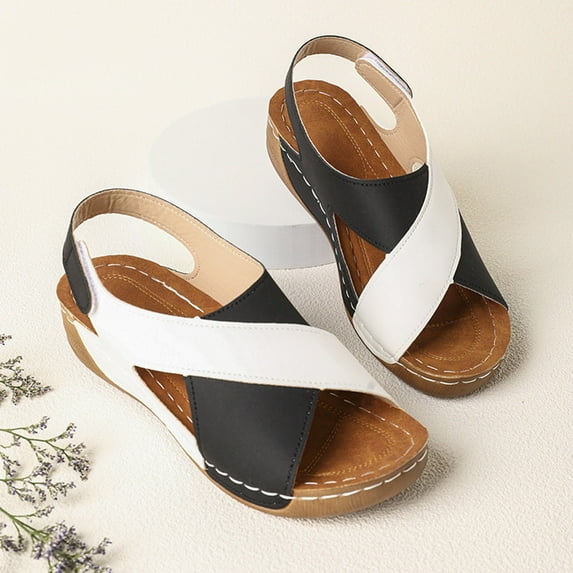 THDHVS Flat Sandals for Women Fashion Casual Summer Style Wedge Heel Outdoor Wear Contrast Color Breathable Thick-Soled Sandals Black