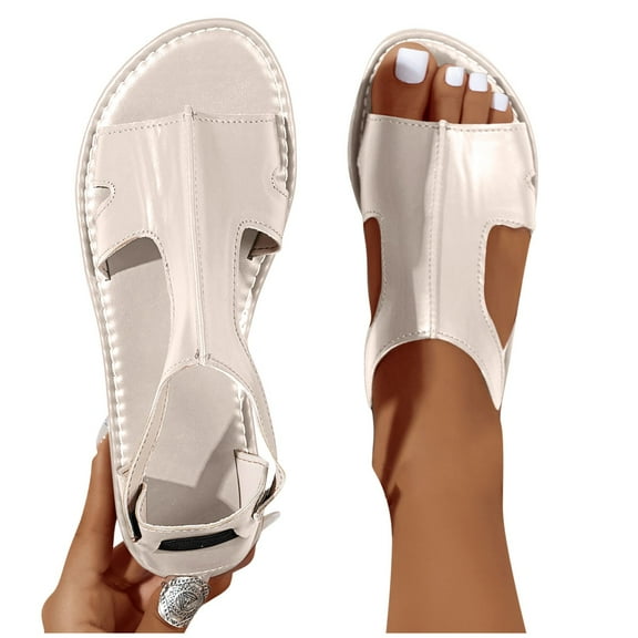 THDHVS Flat Sandals for Women,Womens Sandals,Women's Comfortable Orthopedic Sandals Thong Dressy T-Strap Orthotic Casual Summer Arch Support Sandals Beige 5.5