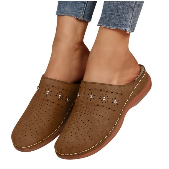 THDHVS Flat Sandals for Women,Brown Sandals Women,Fashion Casual Hollow Solid Color Baotou Sandals Thick Bottom Half Slippers Wedge Heels Brown 7.5