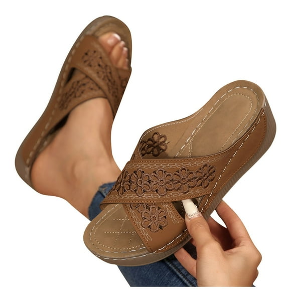 THDHVS Flat Sandals for Women,Brown Sandals Women,Summer Casual Style Solid Color Hollow Strap Roman Thick Bottom Wedge Heels Brown 6