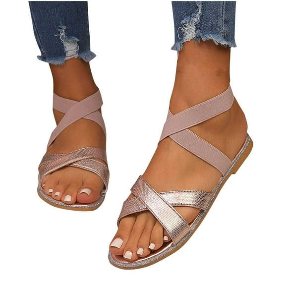 THDHVS Flat Sandals for Women,Women's Sandals,Women's Open Toe Elastic Ankle Strap Flat Summer Sandals Multicolor 6