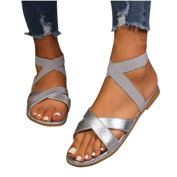 THDHVS Flat Sandals for Women,Women's Sandals,Women's Open Toe Elastic Ankle Strap Flat Summer Sandals Silver 6.5