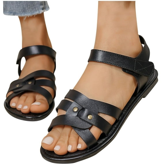 THDHVS Flat Sandals for Women,Sandals Women,Summer Casual Solid Color Strap Comfortable Flat Versatile Roman Beach Shoes Sandals Black 8.5