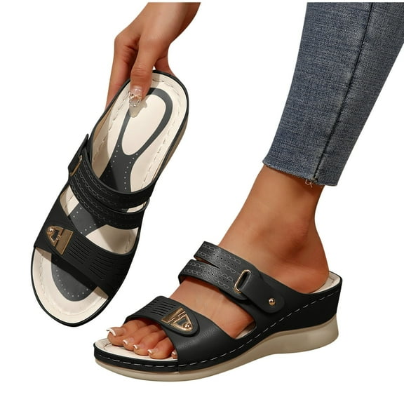 THDHVS Wedge Sandals for Women,Womens Wedge Sandals,Casual Solid Color Fish Mouth Wedge Heel Thick Bottom Sandals Arch Support Shoes Black 6