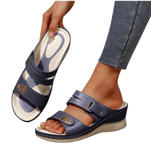 THDHVS Wedge Sandals for Women,Womens Wedge Sandals,Casual Solid Color Fish Mouth Wedge Heel Thick Bottom Sandals Arch Support Shoes Blue 5.5