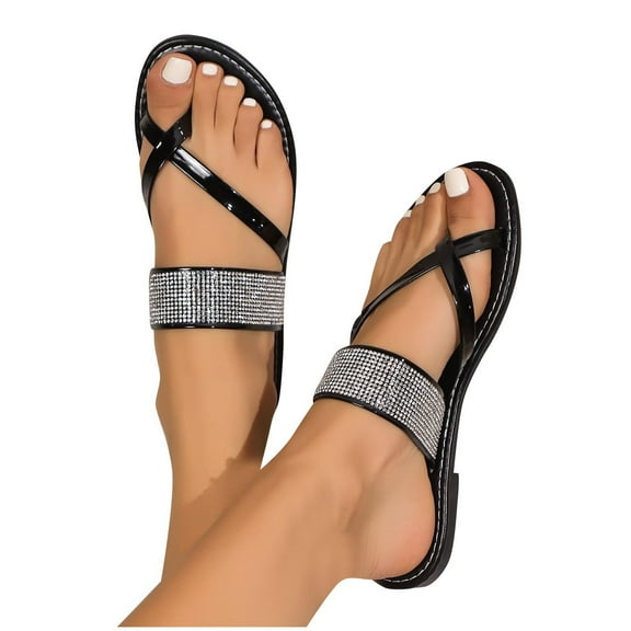 THDHVS Women's Sandals,Dress Shoes for Women,Fashion Women Rhinestone Sandals T-Strap Buckle Pearl Crystal Flat Sandals Black 9.5