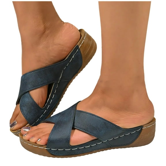 THDHVS Flat Sandals for Women,Women's Sandals,Women's Cork Footbed Comfortable Sandals Navy 6