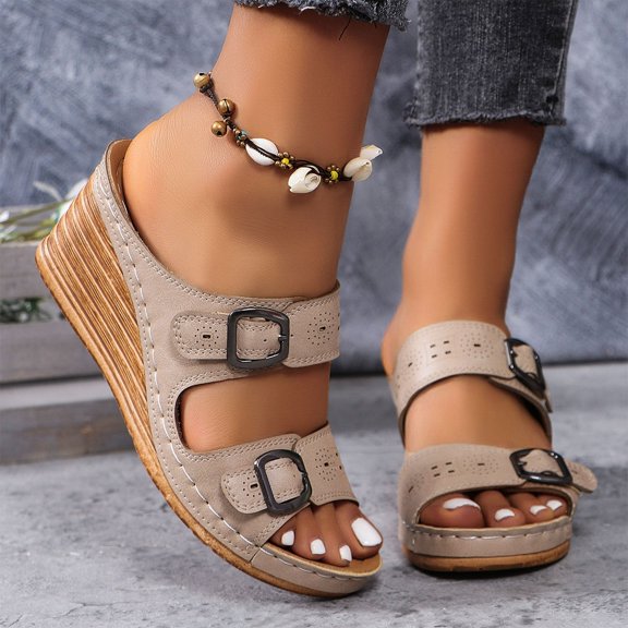 THDHVS Flat Sandals for Women,Women's Sandals,Women's Cork Footbed Sandals Summer Slip On Slide Sandals with Adjustable Buckle White 5.5