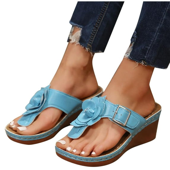 THDHVS Wedge Sandals for Women,Womens Sandals,Women's Fashion Casual Spring Style Clip-Toe Flower Thick-Soled Wedge Slippers Sky Blue 8.5