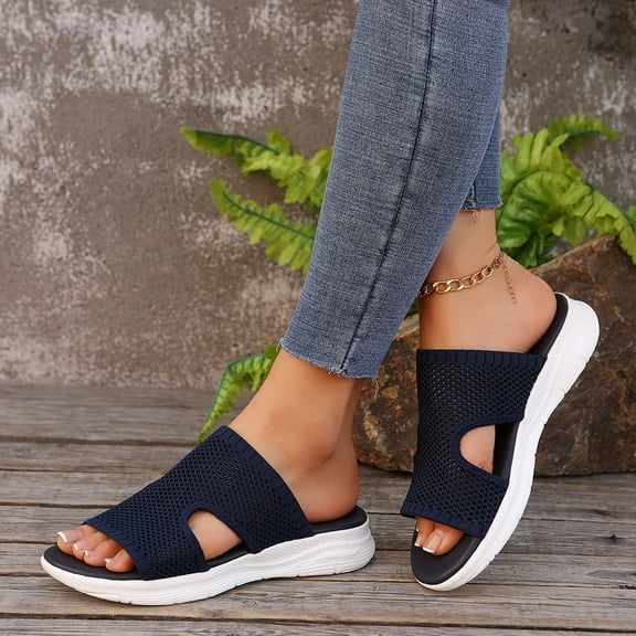 THDHVS Flat Sandals for Women,Women's Sandals,Women's Fashion Casual Summer Hollow Sandals Wedge Heel Fish Mouth Thick Bottom Slippers Dark Blue 5.5