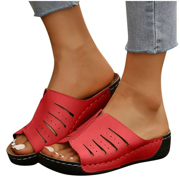 THDHVS Wedge Sandals for Women,Sandals Women,Women's Fashion Casual Summer Solid Color Round Toe Wedge Heel Thick Bottom Sandals Red 6.5