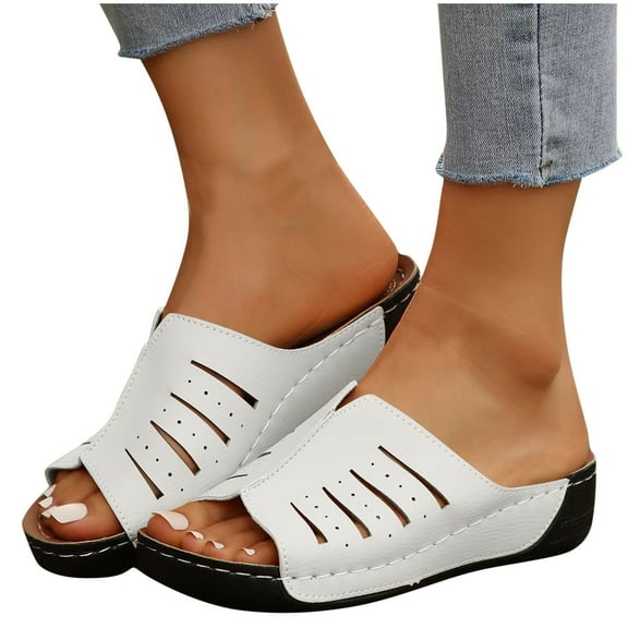 THDHVS Wedge Sandals for Women,Sandals Women,Women's Fashion Casual Summer Solid Color Round Toe Wedge Heel Thick Bottom Sandals White 5.5