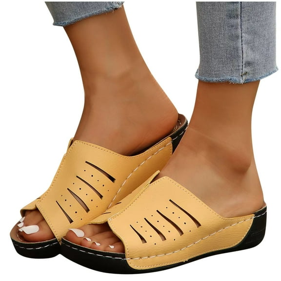 THDHVS Wedge Sandals for Women,Sandals Women,Women's Fashion Casual Summer Solid Color Round Toe Wedge Heel Thick Bottom Sandals Yellow 5.5