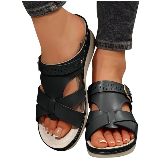 THDHVS Flat Sandals for Women,Women's Sandals,Women's Fashion Casual Summer Style Solid Color Fish Mouth Wedge Heel Thick Bottom Sandals Black 5.5