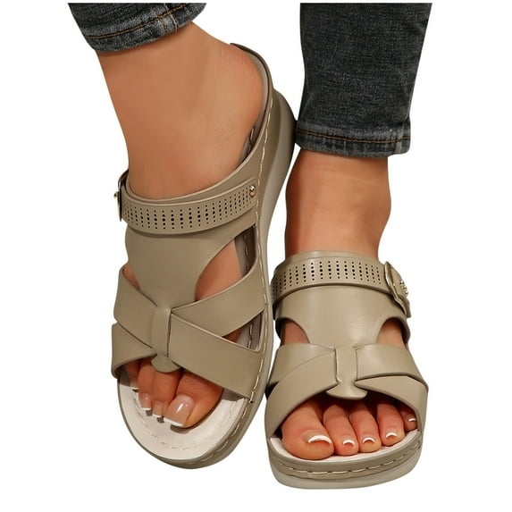 THDHVS Flat Sandals for Women,Women's Fashion Casual Summer Style Solid Color Fish Mouth Wedge Heel Thick Bottom Sandals Gray