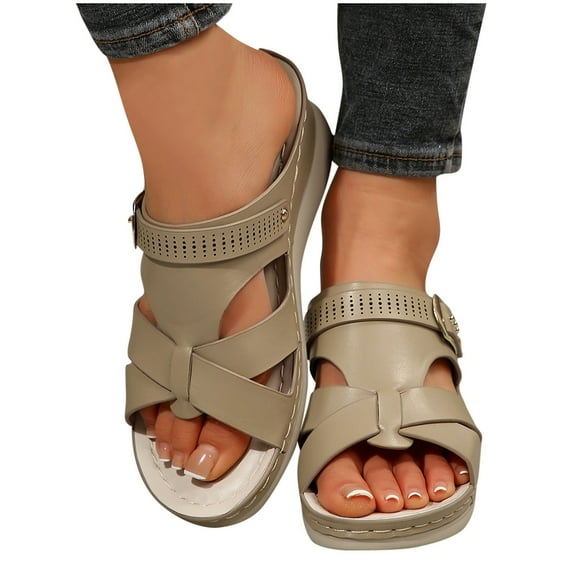 THDHVS Flat Sandals for Women,Women's Sandals,Women's Fashion Casual Summer Style Solid Color Fish Mouth Wedge Heel Thick Bottom Sandals Gray 7.5