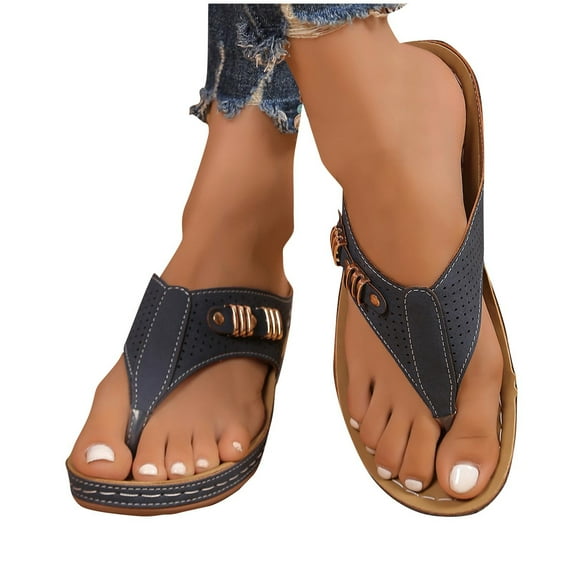 THDHVS Womens Wedge Sandals,Wedge Sandals for Women,Women's Soft Footbed Fashion Slide Sandals Navy 7.5